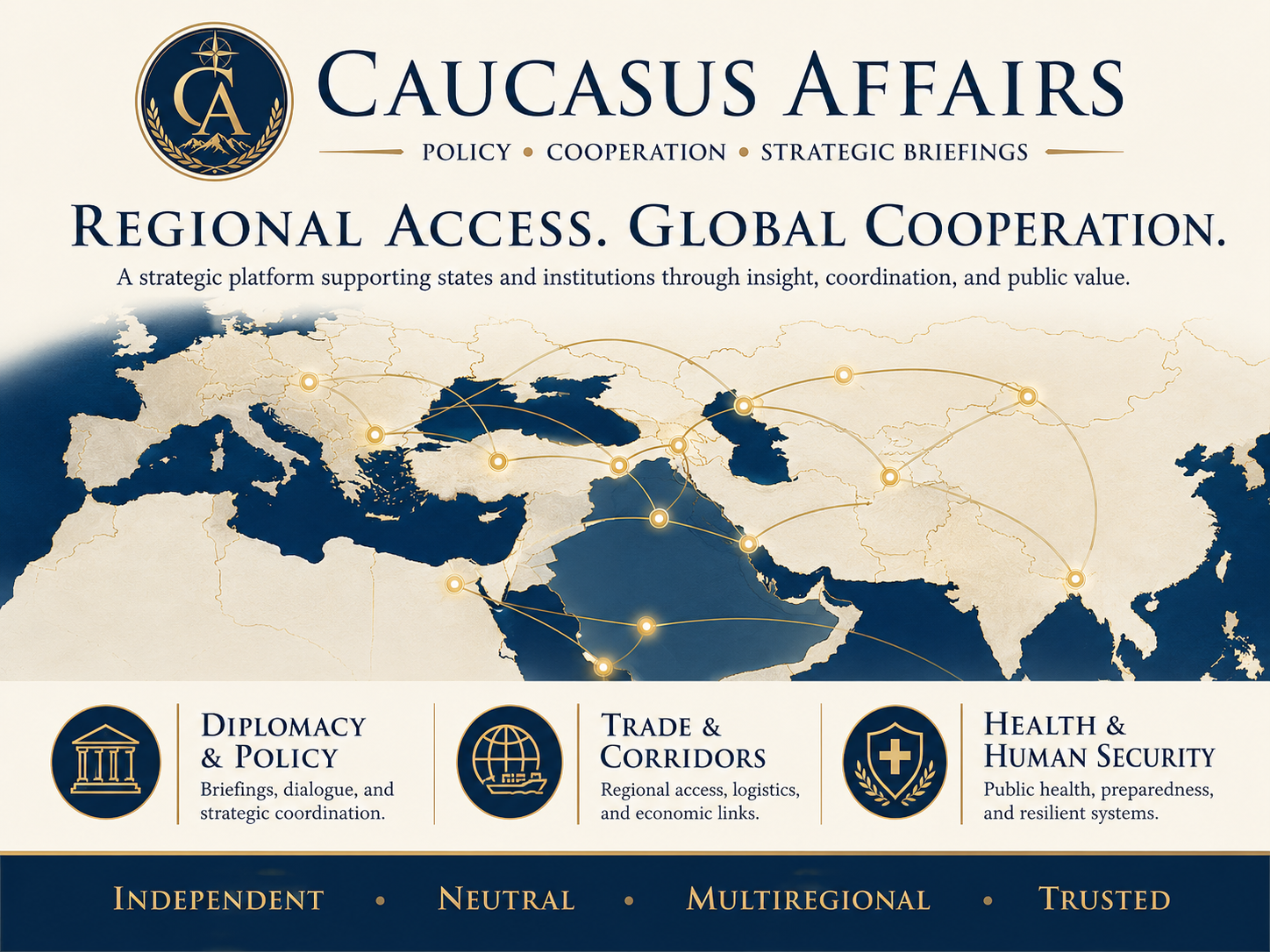 Caucasus Affairs regional access and global cooperation map showing cross-regional institutional links.