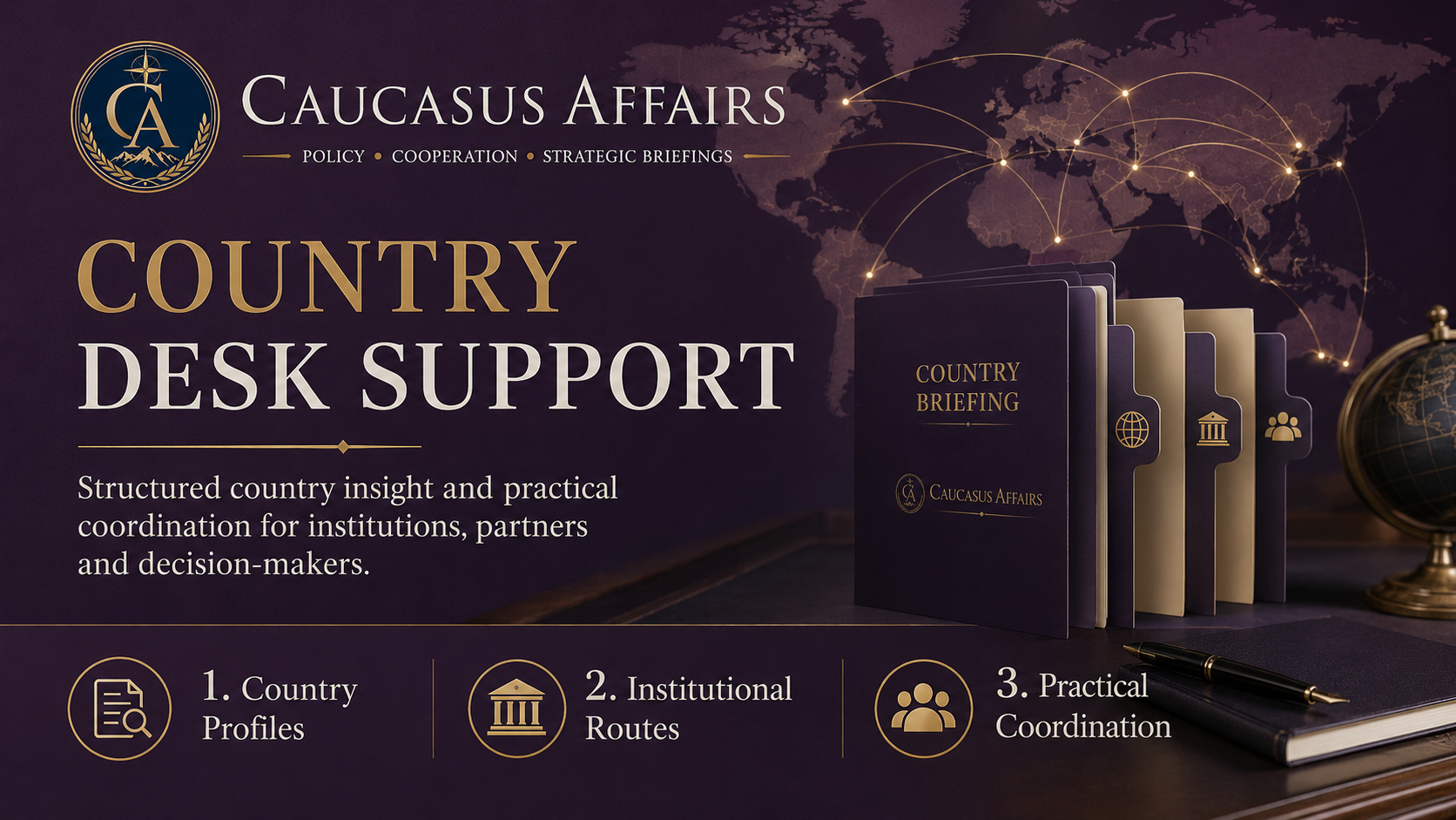 Caucasus Affairs country desk support visual with country briefing files and global network map.