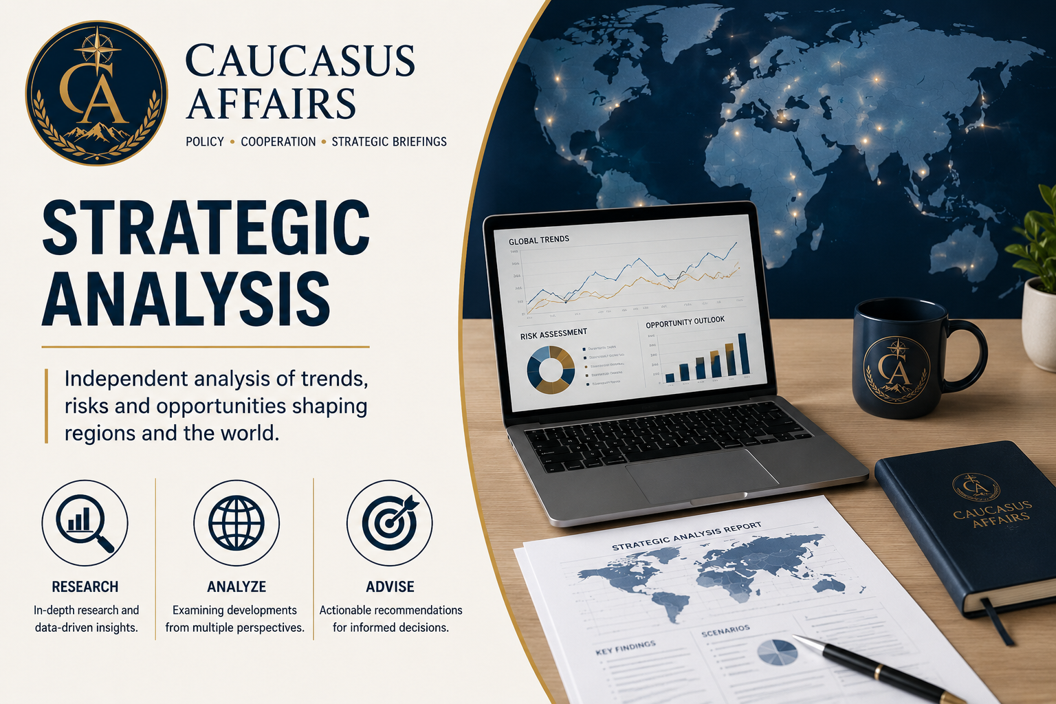 Caucasus Affairs strategic analysis visual with world map and analytical dashboard.