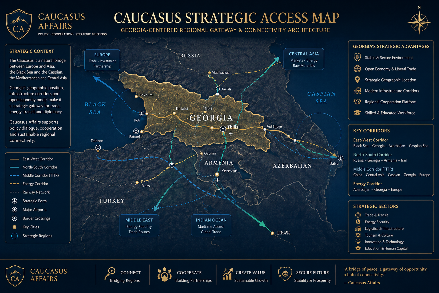 Caucasus strategic access map showing Georgia, the Black Sea, regional corridors, ports and strategic links.