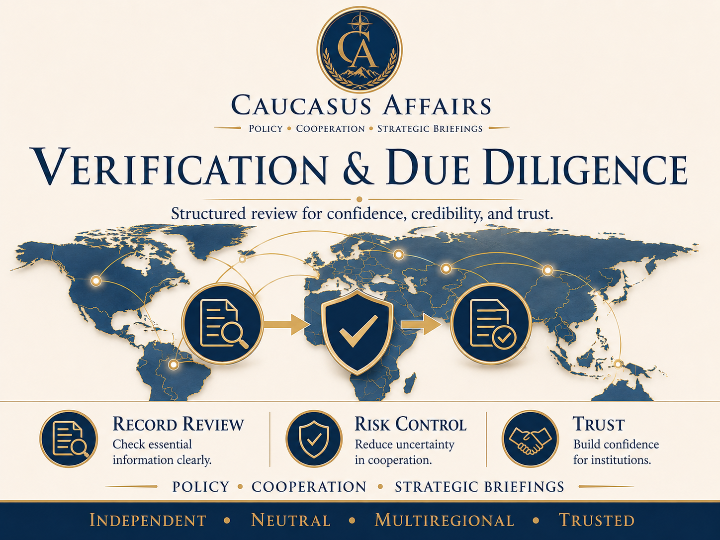 Verification and due diligence visual with record review, risk control and trust icons.