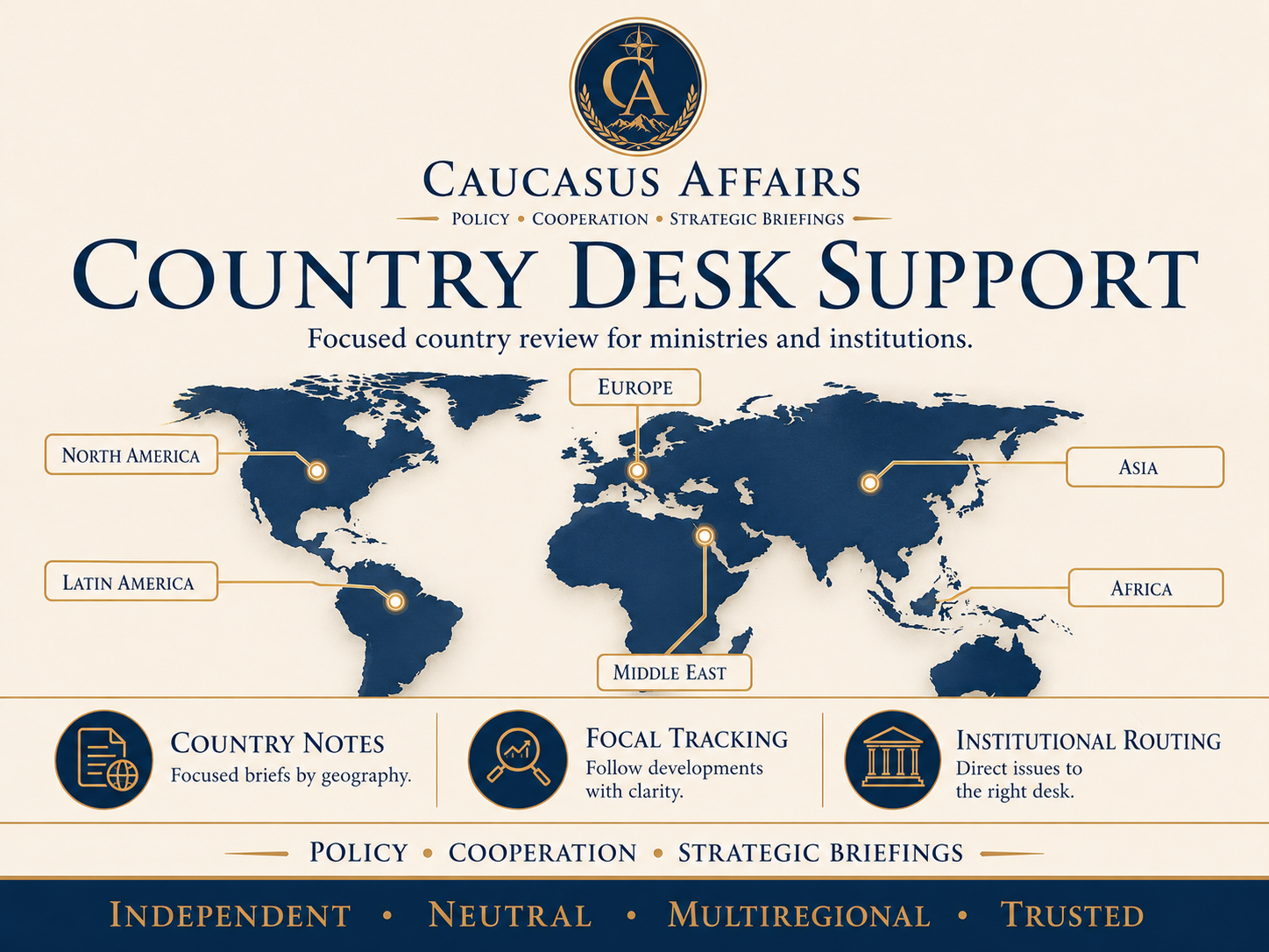 Global country desk support map for regional and institutional review.