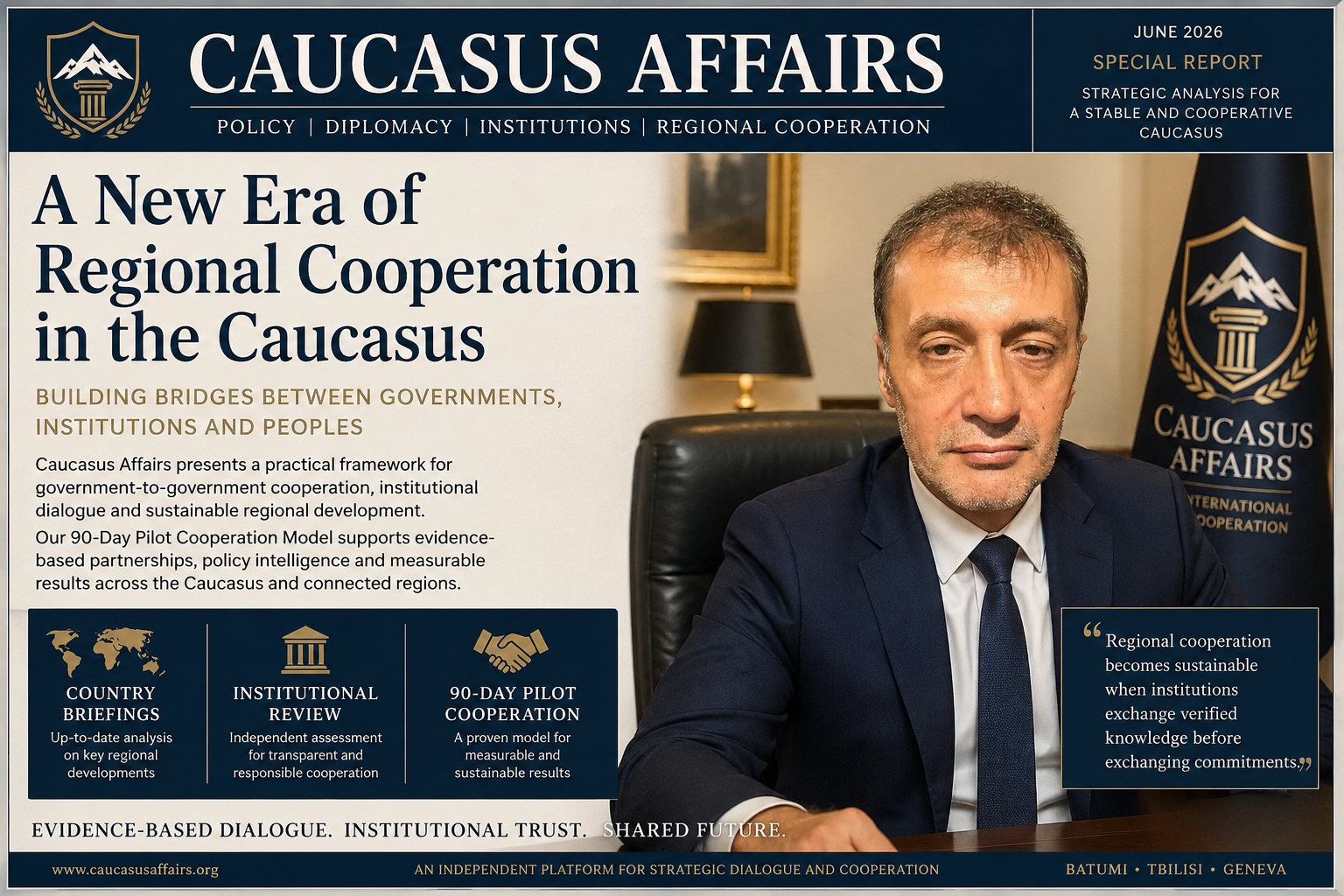 Editorial cover illustrating a new era of regional cooperation in the Caucasus, highlighting institutional partnerships, policy dialogue, government cooperation and sustainable regional development through the Caucasus Affairs platform.