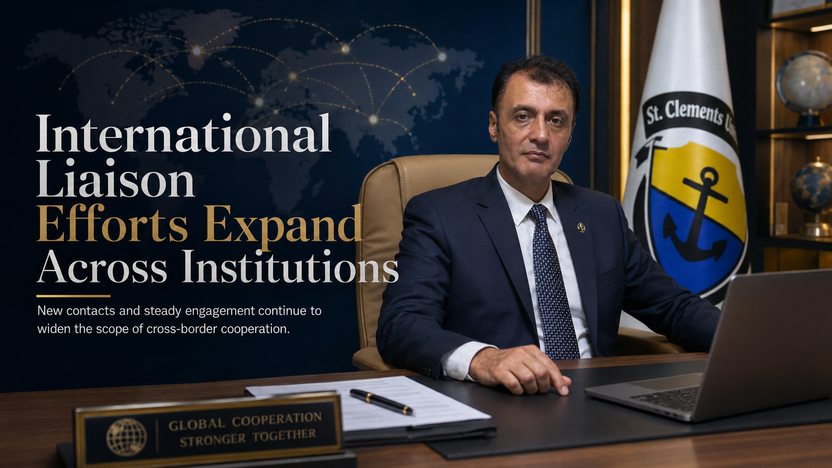 An international affairs professional working on a laptop at an executive desk, with global coordination displays and project documents representing structured cross-border planning, communication and institutional outreach.