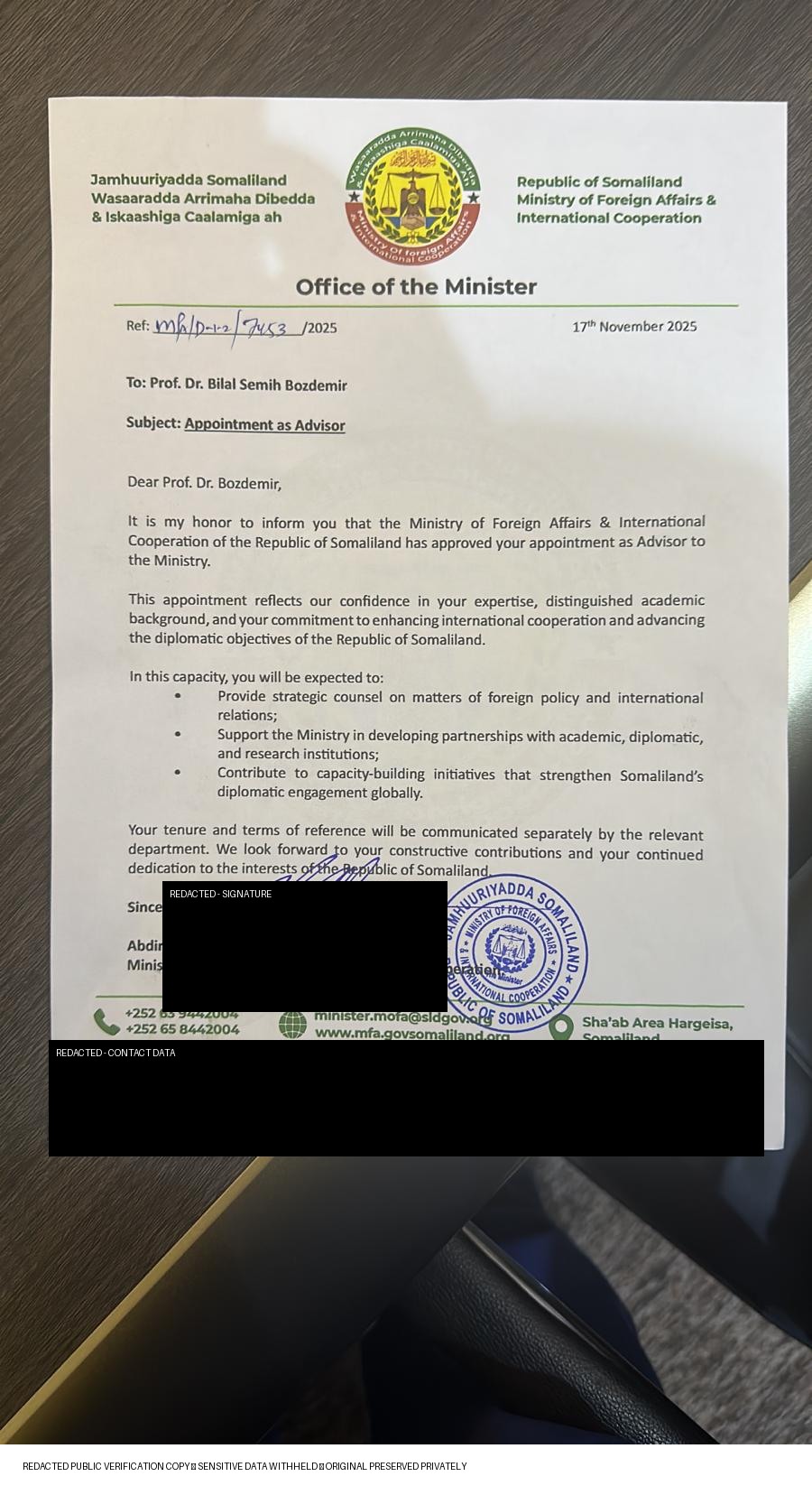 17 Kasım 2025 Somaliland Dışişleri Bakanlığı Appointment as Advisor kamuya açık belge görüntüsü