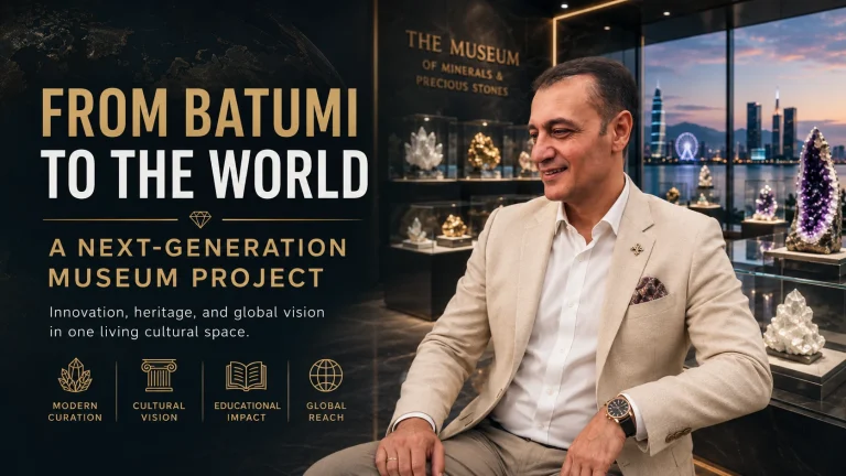 Prof. Dr. Bilal Semih Bozdemir inside a mineral museum presenting the From Batumi to the World next-generation museum project