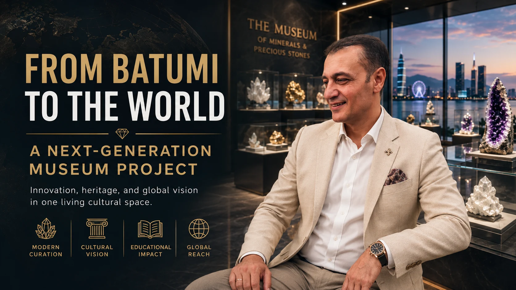 Prof. Dr. Bilal Semih Bozdemir inside a mineral museum presenting the From Batumi to the World next-generation museum project