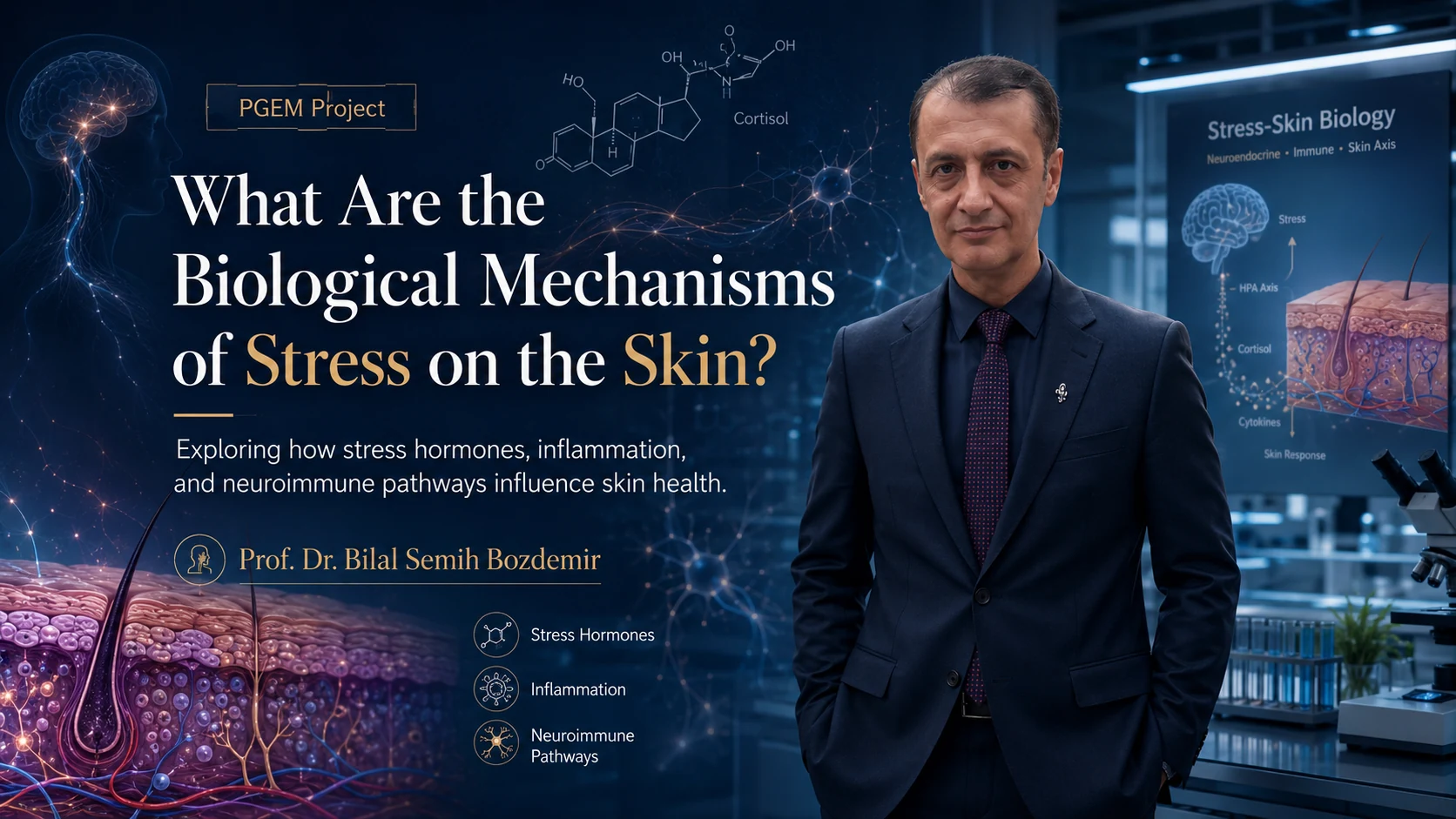 Prof. Dr. Bilal Semih Bozdemir presenting the biological mechanisms of stress on the skin, including hormones, inflammation and neuroimmune pathways