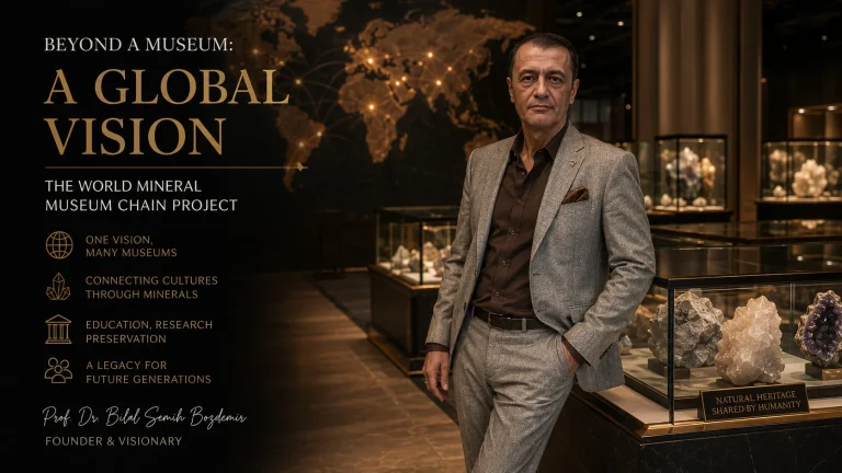 Prof. Dr. Bilal Semih Bozdemir presenting a global vision for a world mineral museum chain inside an international mineral gallery