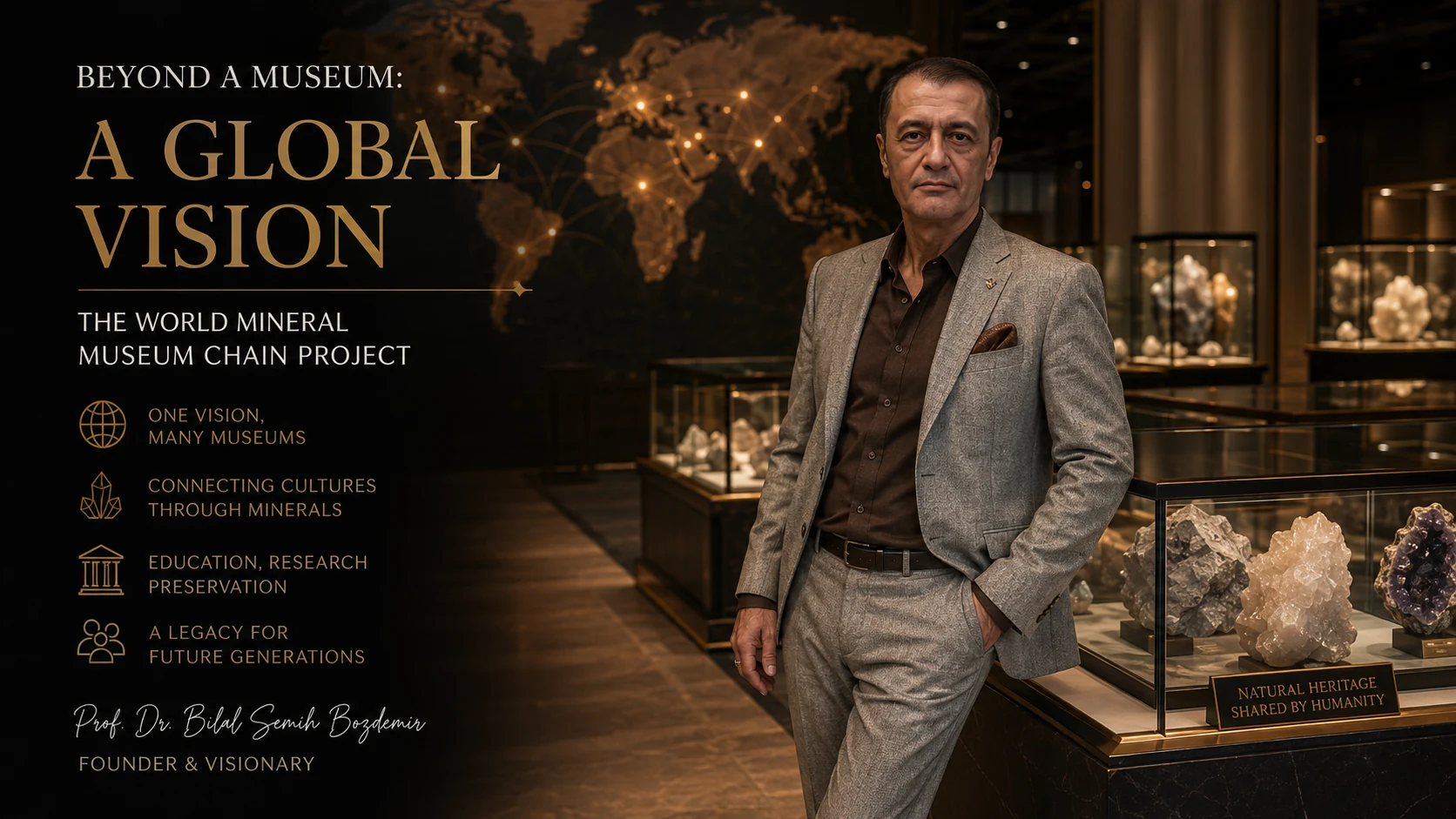 Prof. Dr. Bilal Semih Bozdemir presenting a global vision for a world mineral museum chain inside an international mineral gallery